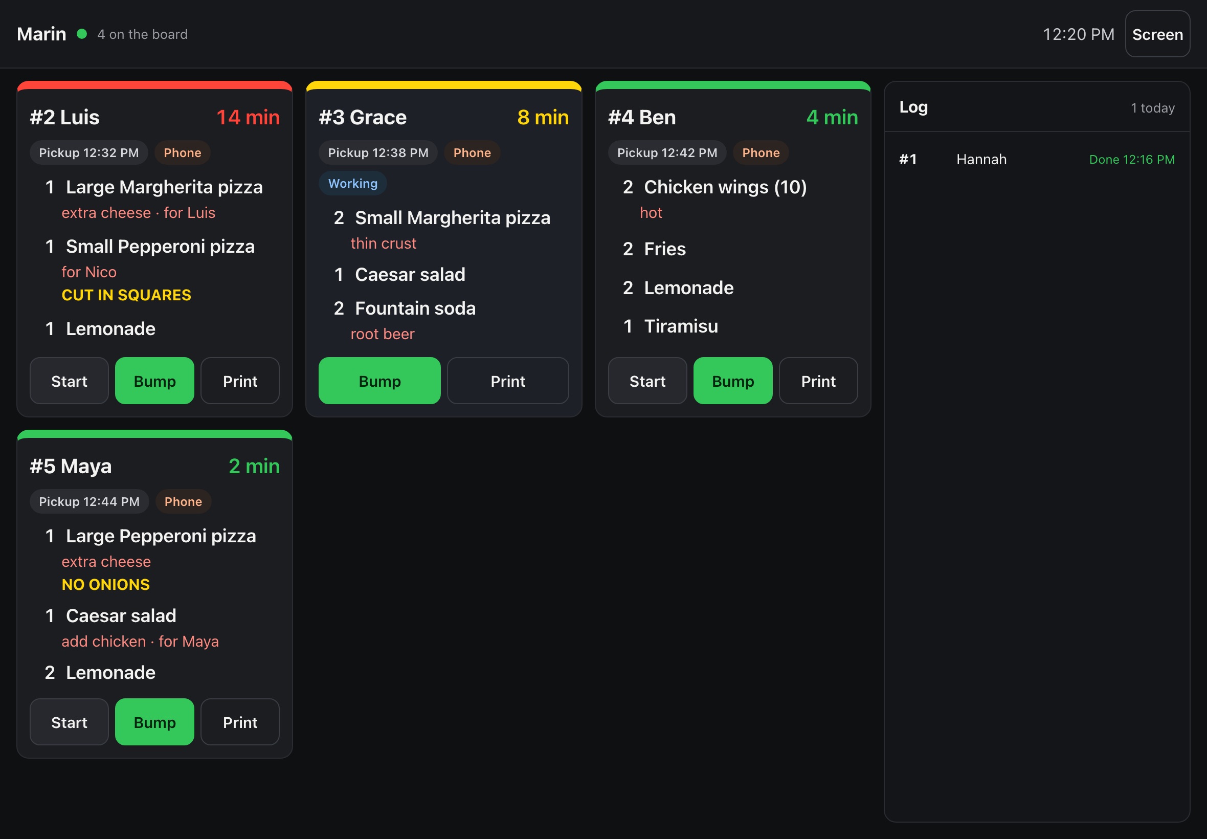 The kitchen screen on an iPad: four order tiles, one at 13 minutes in red, one at 7 minutes in yellow and marked Working, two fresh in green, each with Start, Bump and Print, and the day's log on the right