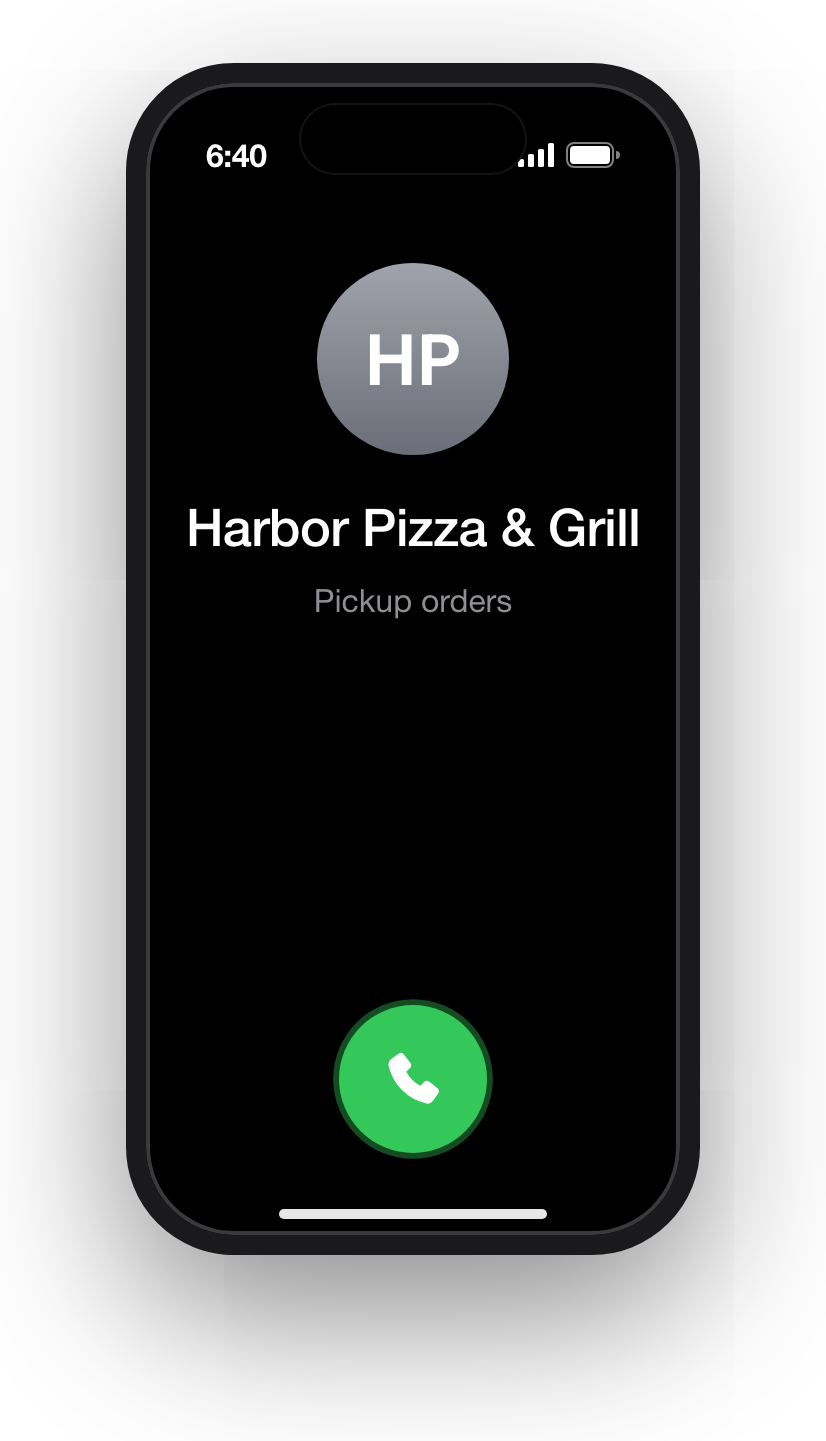 The call screen: Harbor Pizza & Grill, pickup orders, and the green call button