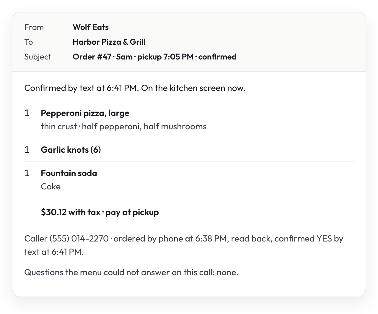 The email the restaurant gets when an order is confirmed: the lines, the total, the caller and when it was confirmed by text